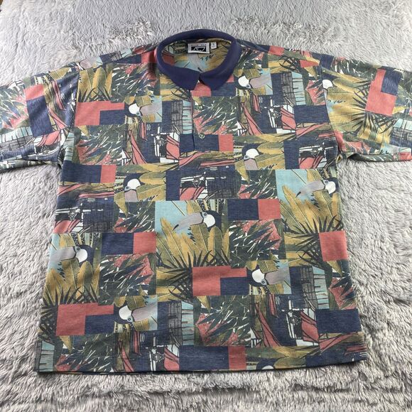 Vintage Allen Wah Polo Shirt Mens Large Red Blue Yellow Toucan All Over Print - Picture 2 of 10